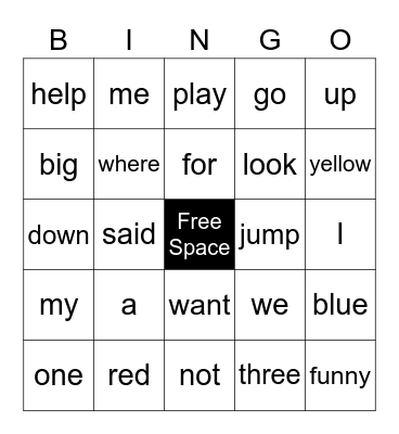 Sight Word Bingo Card
