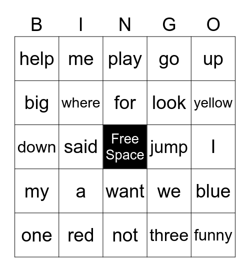 Sight Word Bingo Card