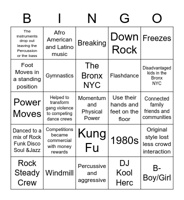 Break Dance Bingo Card