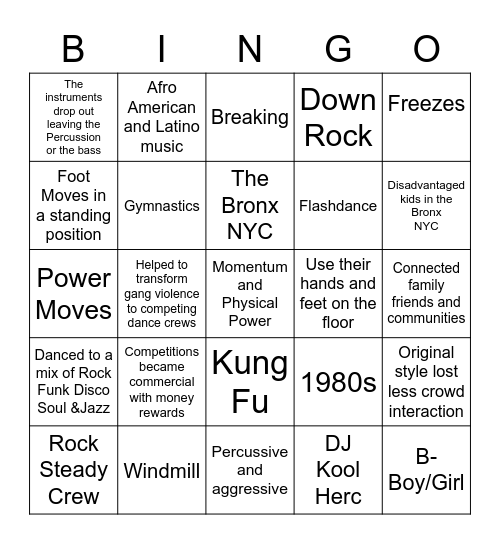 Break Dance Bingo Card