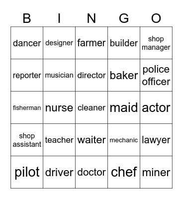 Match the jobs Bingo Card