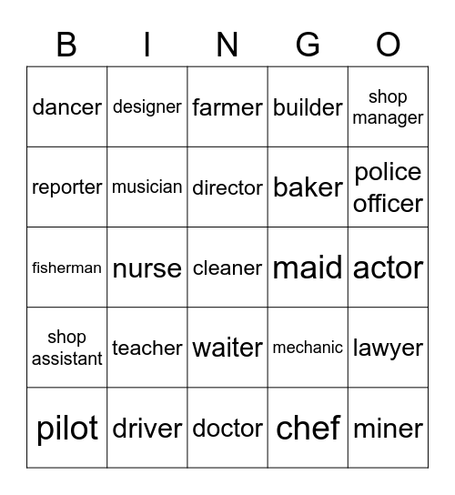 Match the jobs Bingo Card