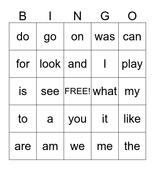 Sight Word Bingo Card
