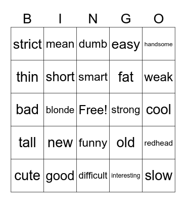 English Adjectives Bingo Card