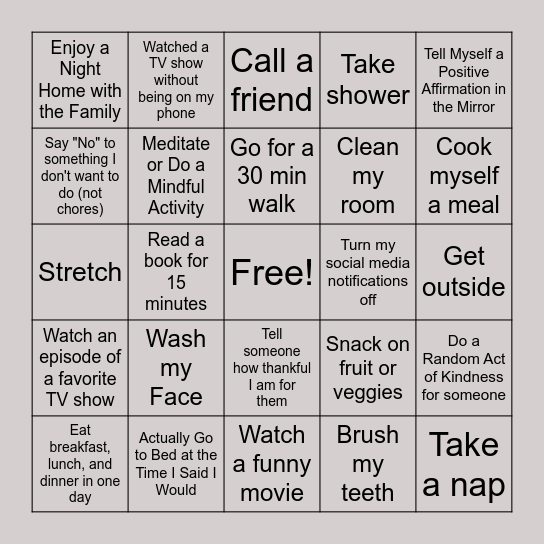 Self-Care Bingo Card