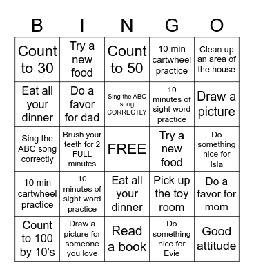 Hadley's Bingo Card