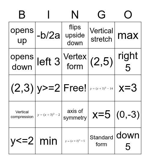 Quadratic Functions Bingo Card