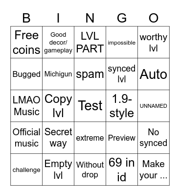 Recent lvl tab (geometry dash) Bingo Card