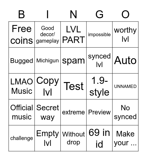 Recent lvl tab (geometry dash) Bingo Card