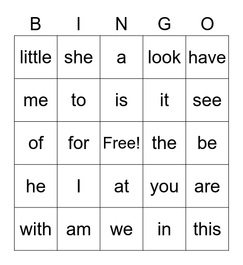 Sight Word BINGO Card