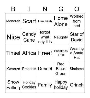 Development Holiday Party Bingo Card