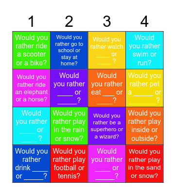 Would You Rather Questions Bingo Card