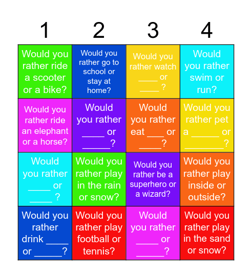 Would You Rather Questions Bingo Card