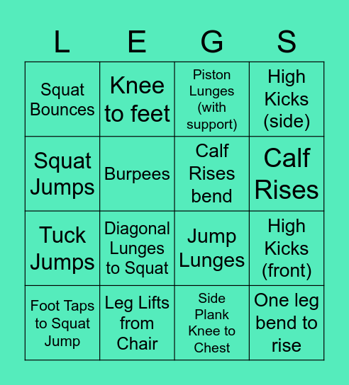 Leg Strengthening Bingo Card
