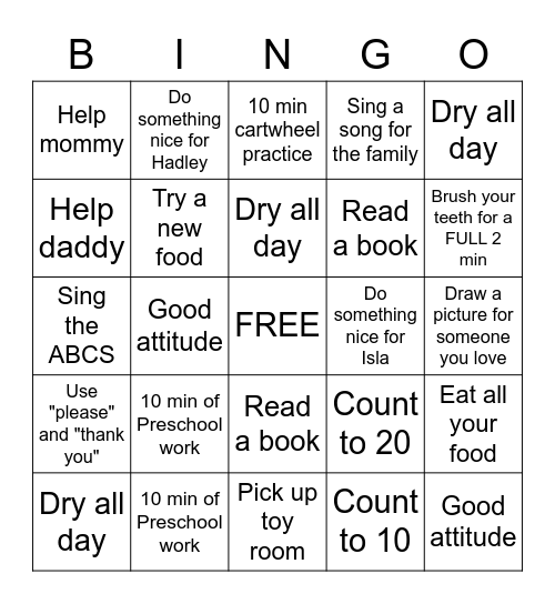 Everly's Bingo Card