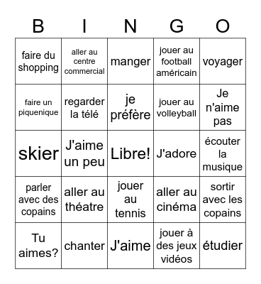 Free time activities Bingo Card