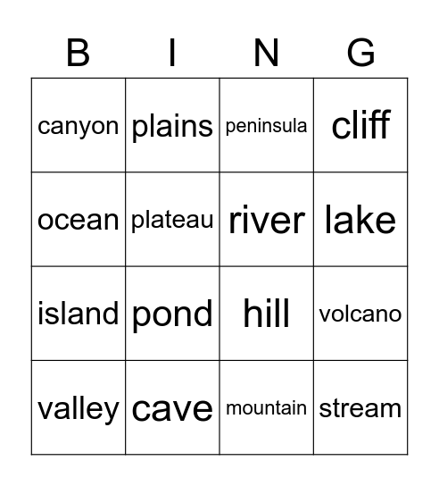 Landforms and Bodies of Water Bingo Card
