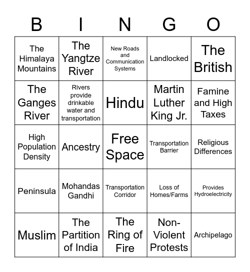 Asia History and Geography Bingo Card