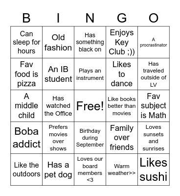 Get to know you :D Bingo Card