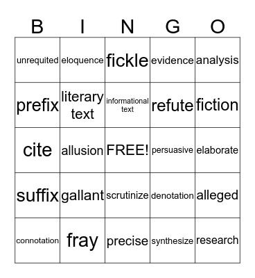 Vocabulary Review Bingo Card