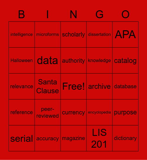 LIS 201 BINGO Card
