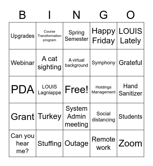 Thanksgiving Edition of the LOUIS Watercooler Bingo Card
