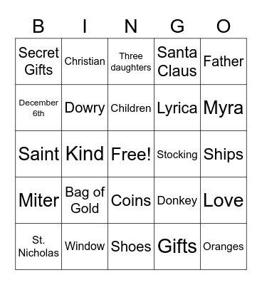 St. Nicholas Bingo Card