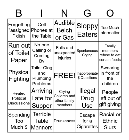 Holiday Stress Bingo Card