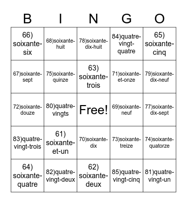 French Bingo #2 Bingo Card