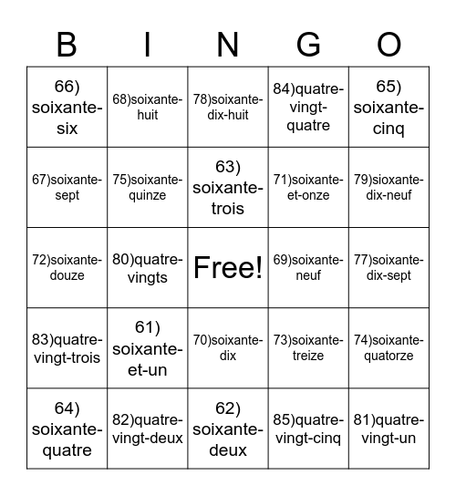 French Bingo #2 Bingo Card