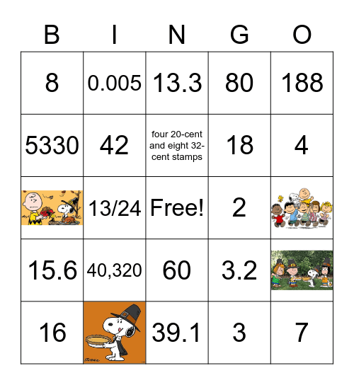 Charlie Brown's Thanksgiving Bingo Card