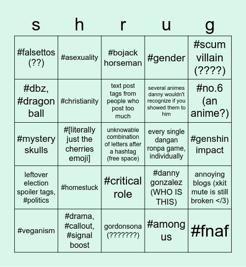 danny's aggressively curated tumblr experience Bingo Card