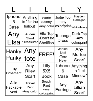 Lilly Pulitzer  Bingo Card