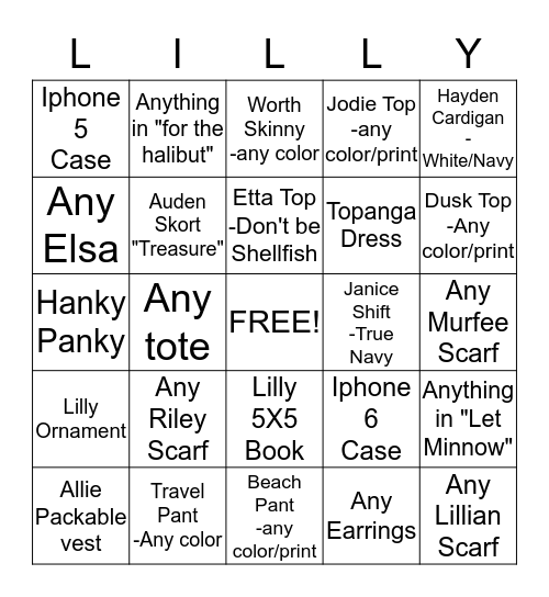 Lilly Pulitzer  Bingo Card