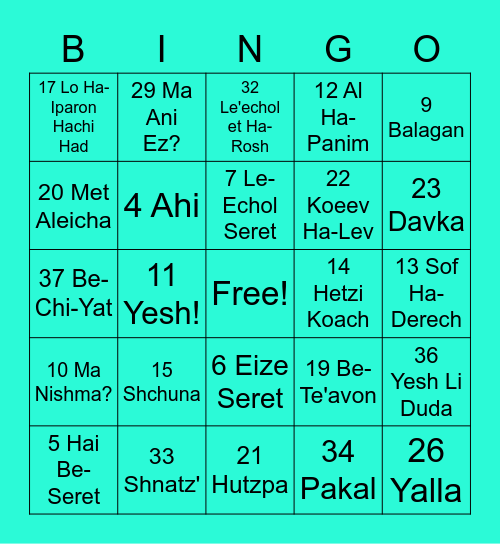 Hebrew Bingo Card