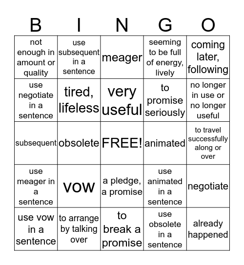 Word of the Week Bingo Card