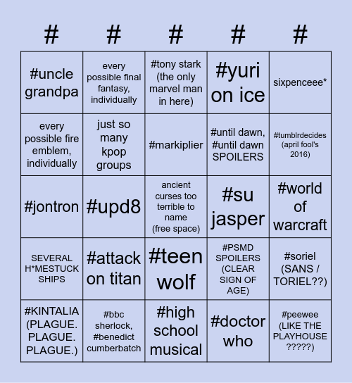 actual things on danny's tumblr savior blacklist (circa ~2013-2020) Bingo Card