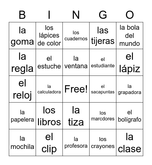 Vocabulario de La Clase Bingo Card