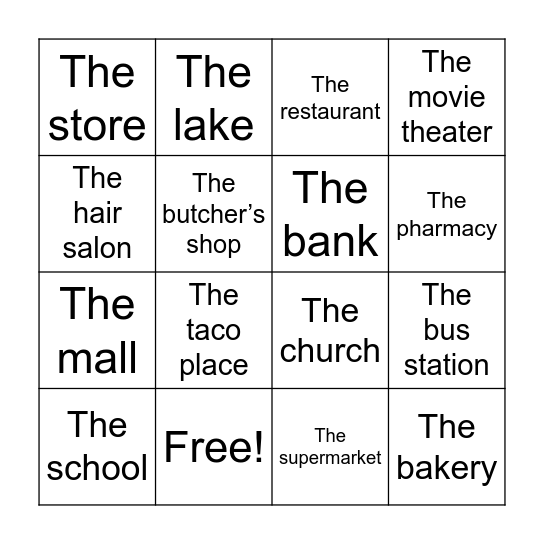 Places in the community Bingo Card