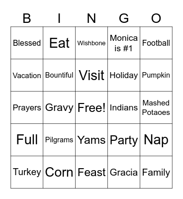 Family Thanksgiving 2020 Bingo Card