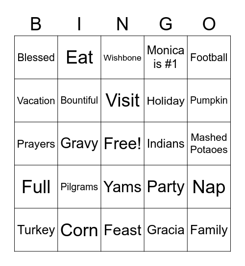 Family Thanksgiving 2020 Bingo Card