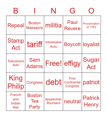 Road to Revolution Bingo Card