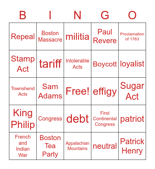 Road to Revolution Bingo Card