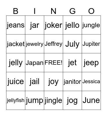 J words  Bingo Card