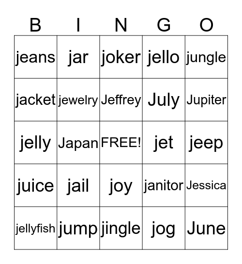 J words  Bingo Card