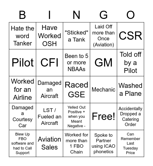 Business Aviation Bingo Card