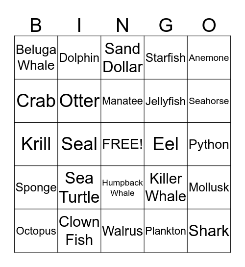 Ocean Animal Bingo Card