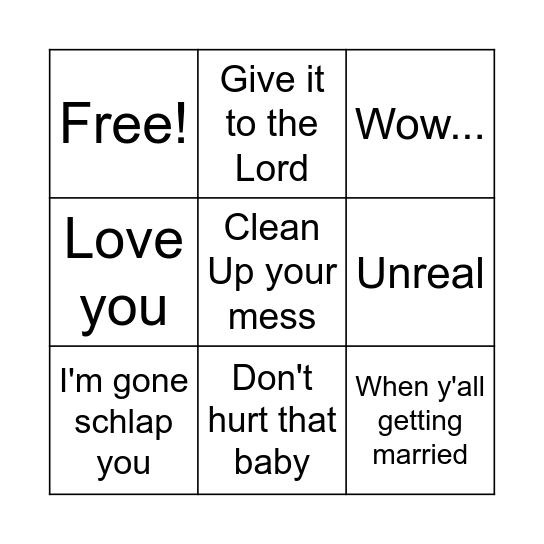 Nani Sayings Bingo Card