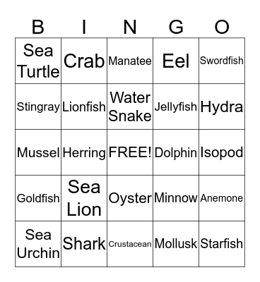 Ocean Animal Bingo Card