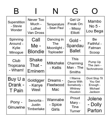 Clare's 30th Birthday Music Bingo Card